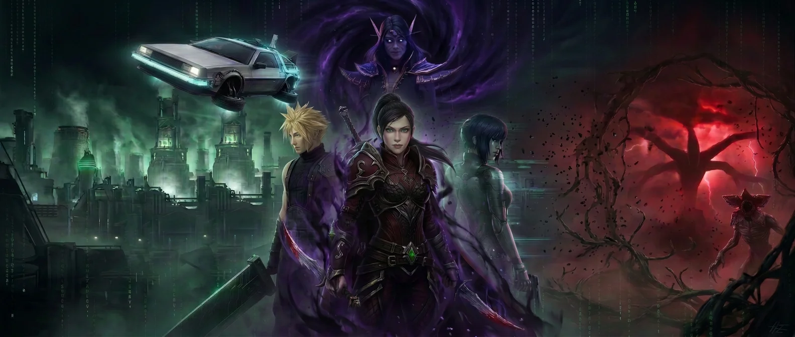 Collage delle mie ispirazioni tra Ghost in the Shell, World of Warcraft, Ritorno al Futuro, Final Fantasy VII, Stranger Things e l'immaginario digitale di Matrix